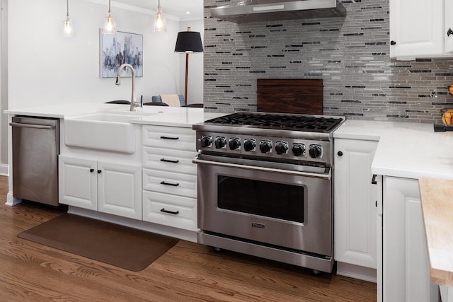 4937 N Opal Ave, Norridge, IL 60706 - kitchen featuring appliances with stainless steel finishes, under cabinet range hood, a sink, dark wood-style flooring, and tasteful backsplash