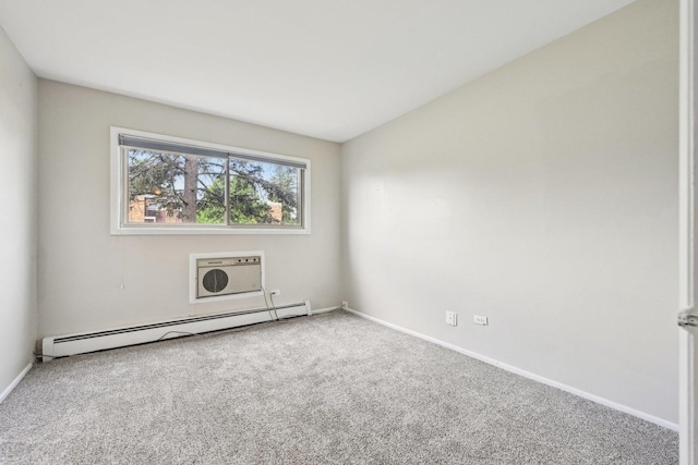 unfurnished room featuring a baseboard heating unit, carpet, a wall mounted air conditioner, baseboards, and vaulted ceiling