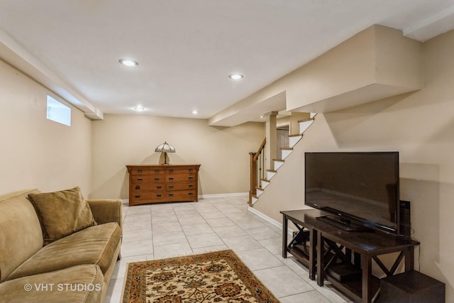 496 Longcommon Rd, Riverside, IL 60546 - living area with light tile patterned floors, recessed lighting, stairs, and baseboards