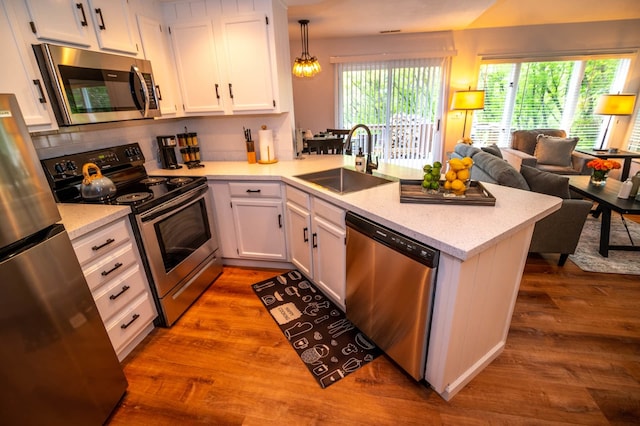 139 Walnut Hill Dr, Galena, IL 61036 - kitchen with appliances with stainless steel finishes, a sink, a peninsula, white cabinetry, and wood finished floors