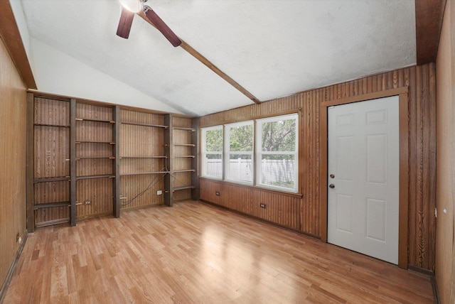 255 Irving Blvd, Chicago Heights, IL 60411 - empty room with light wood finished floors, lofted ceiling, ceiling fan, and wood walls