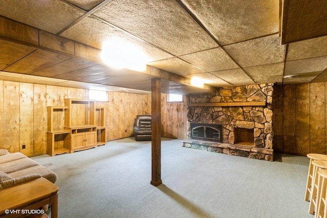 11616 Ronald St, Huntley, IL 60142 - basement featuring wood walls, a fireplace, and carpet flooring