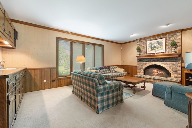 carpeted living room with wood walls, wainscoting, a fireplace, and crown molding