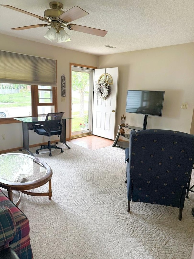 1004 N Hill Dr, Dixon, IL 61021 - living area featuring carpet floors, a ceiling fan, a desk, a textured ceiling, and baseboards