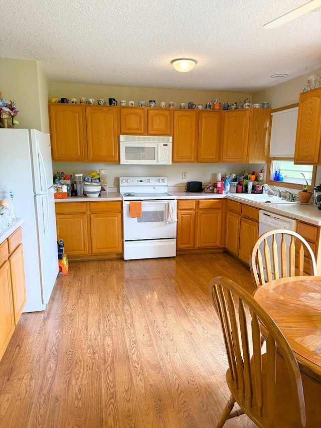 1004 N Hill Dr, Dixon, IL 61021 - kitchen featuring white appliances, a textured ceiling, light countertops, light wood-type flooring, and brown cabinetry