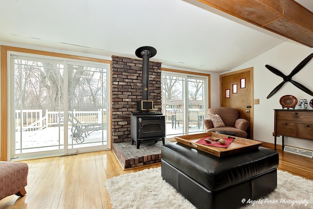 41551 N Lotus Ave, Antioch, IL 60002 - living room featuring a wood stove, vaulted ceiling, and wood-type flooring