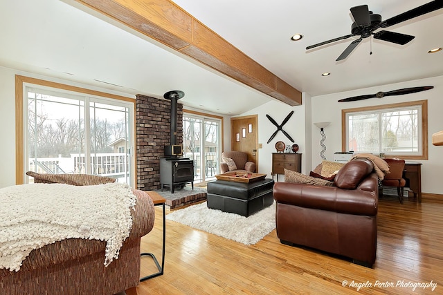 41551 N Lotus Ave, Antioch, IL 60002 - living area with light wood-type flooring, a wood stove, a ceiling fan, recessed lighting, and baseboards