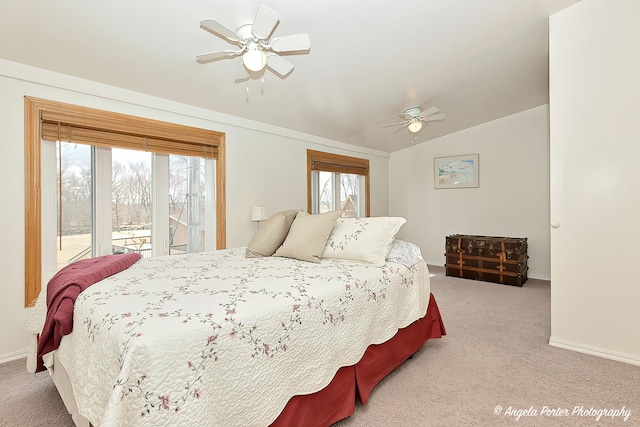 41551 N Lotus Ave, Antioch, IL 60002 - bedroom with carpet flooring, vaulted ceiling, baseboards, ceiling fan, and access to outside