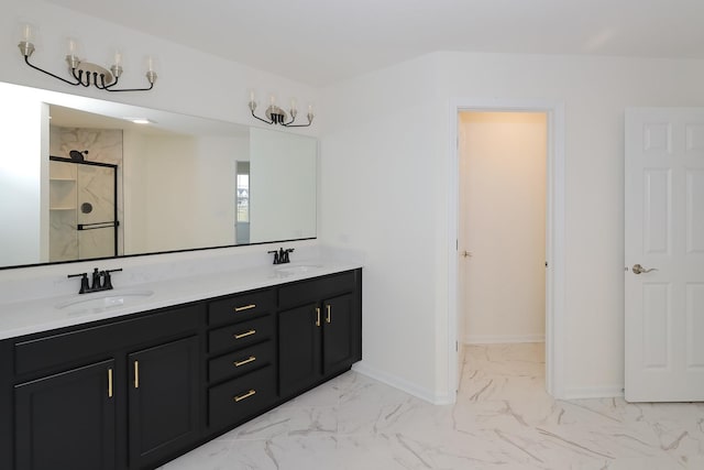 full bath featuring marble look tile flooring, double vanity, a shower stall, and baseboards