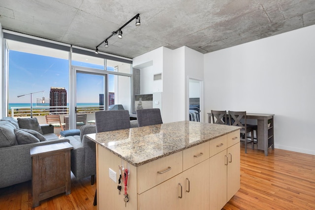 kitchen with light wood-style flooring, open floor plan, track lighting, light stone countertops, and a center island