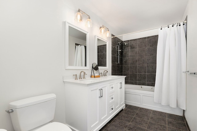 full bath featuring toilet, tile patterned floors, shower / bath combination with curtain, and double vanity
