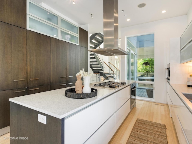 1729 W Potomac Ave, Chicago, IL 60622 - kitchen featuring modern cabinets, island exhaust hood, appliances with stainless steel finishes, light wood-style floors, and dark brown cabinetry