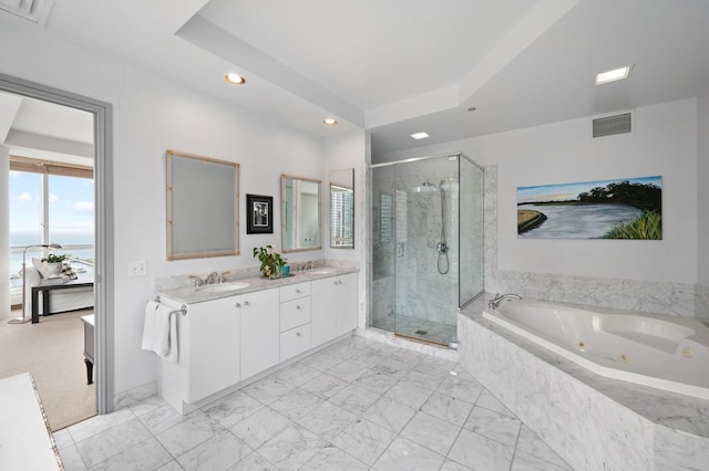 445 E N Water St Unit 2105, Chicago, IL 60610 - bathroom with recessed lighting, a stall shower, a whirlpool tub, double vanity, and marble look tile flooring
