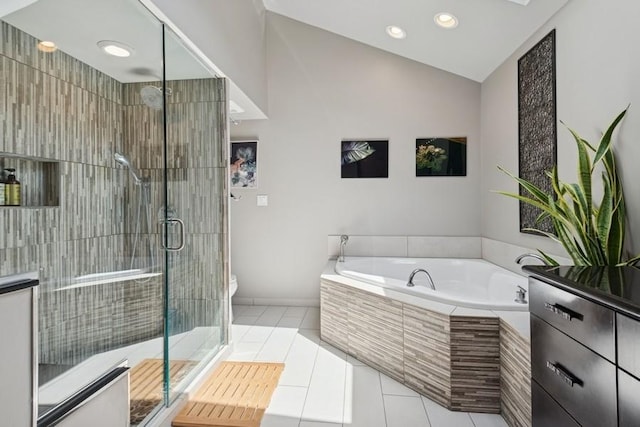 3726 Pebble Beach Rd, Northbrook, IL 60062 - full bath with a bath, a shower stall, vaulted ceiling, tile patterned floors, and toilet