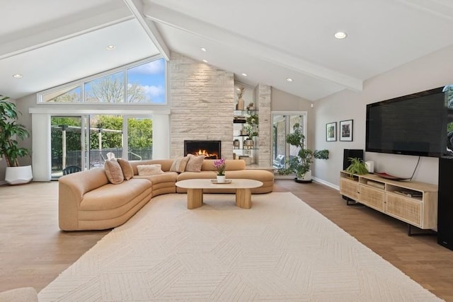 3726 Pebble Beach Rd, Northbrook, IL 60062 - living room featuring wood finished floors, beamed ceiling, a stone fireplace, baseboards, and high vaulted ceiling