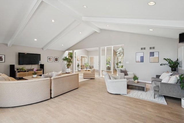 3726 Pebble Beach Rd, Northbrook, IL 60062 - living area featuring beamed ceiling, high vaulted ceiling, wood finished floors, recessed lighting, and baseboards