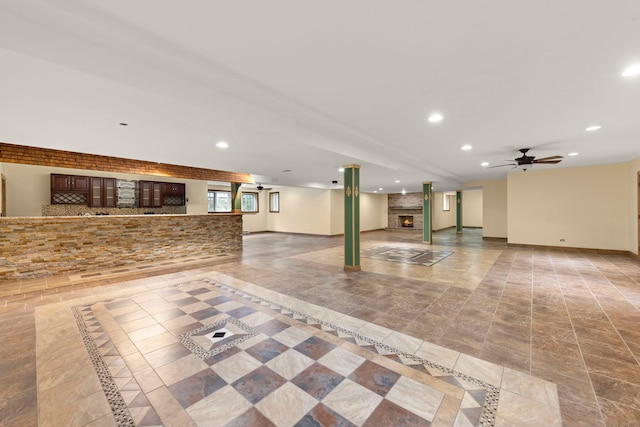 1161 Gavin Ct, Lake Forest, IL 60045 - unfurnished living room with a fireplace, inlaid floor details, recessed lighting, and baseboards
