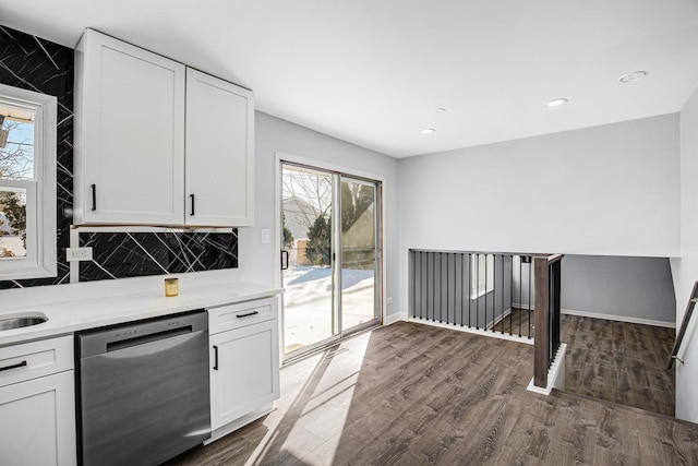 16779 92nd Ave, Orland Hills, IL 60487 - bar area with stainless steel dishwasher, dark wood-style floors, backsplash, baseboards, and recessed lighting