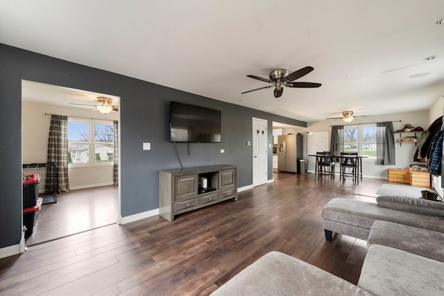 16040 Lockwood Ave, Oak Forest, IL 60452 - living room with a ceiling fan, dark wood-type flooring, plenty of natural light, and baseboards