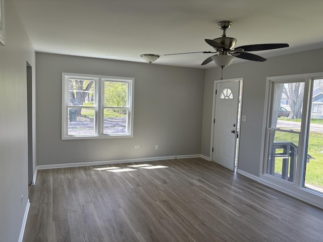 foyer entrance featuring dark wood-style floors, healthy amount of natural light, a ceiling fan, and baseboards