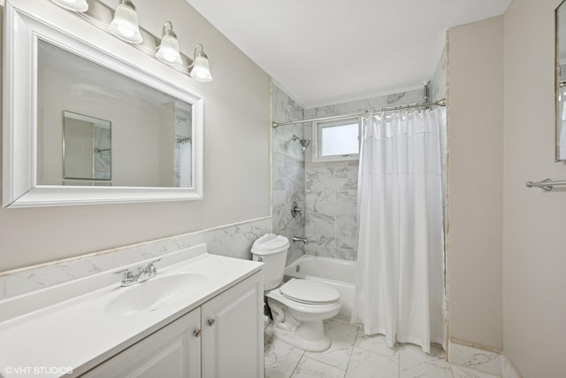 202 W Tanglewood Dr, Arlington Heights, IL 60004 - full bath featuring marble finish floors, vanity, and shower / bath combination with curtain