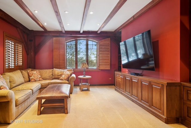 236 Steeplechase Rd, Barrington Hills, IL 60010 - living room featuring beamed ceiling, baseboards, and light carpet