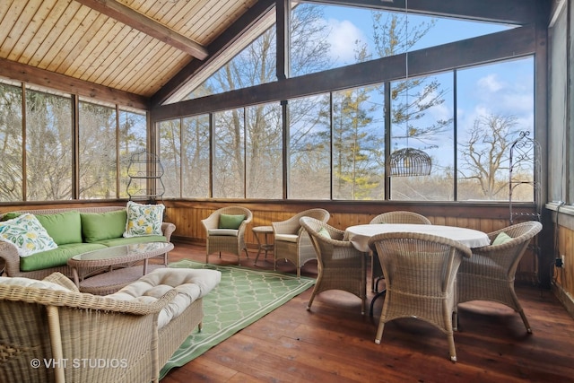 236 Steeplechase Rd, Barrington Hills, IL 60010 - sunroom / solarium featuring an outdoor living space, a deck, beam ceiling, hardwood / wood-style floors, and wood walls