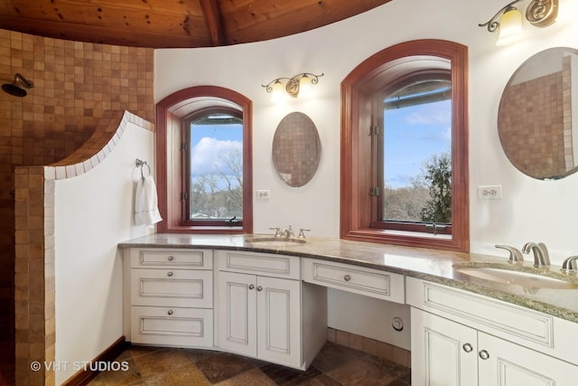 236 Steeplechase Rd, Barrington Hills, IL 60010 - bathroom with walk in shower, double vanity, beamed ceiling, and wooden ceiling