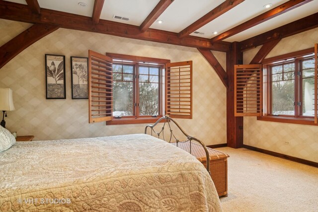 236 Steeplechase Rd, Barrington Hills, IL 60010 - bedroom featuring wallpapered walls, carpet flooring, beam ceiling, and baseboards