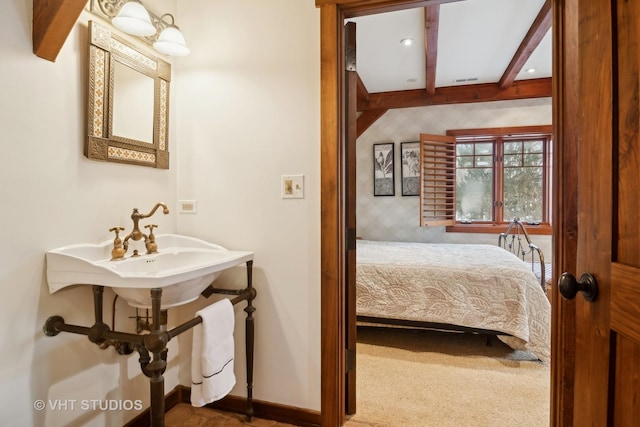 236 Steeplechase Rd, Barrington Hills, IL 60010 - carpeted bedroom with beamed ceiling and baseboards