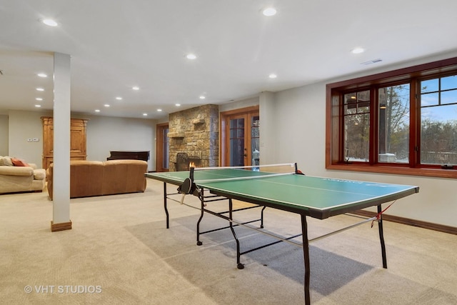 236 Steeplechase Rd, Barrington Hills, IL 60010 - rec room featuring light colored carpet, recessed lighting, a fireplace, and baseboards