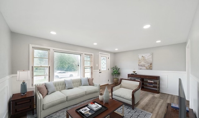 14808 Leavitt Ave, Harvey, IL 60426 - living room featuring wainscoting, wood finished floors, a decorative wall, and recessed lighting
