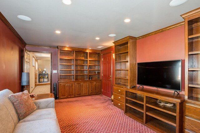 4904 Spring Rd, Oak Lawn, IL 60453 - living area with crown molding, carpet floors, recessed lighting, and built in features