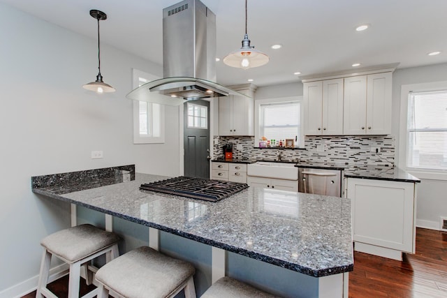 5236 N Mobile Ave, Chicago, IL 60630 - kitchen with island range hood, a sink, stainless steel appliances, a peninsula, and decorative backsplash