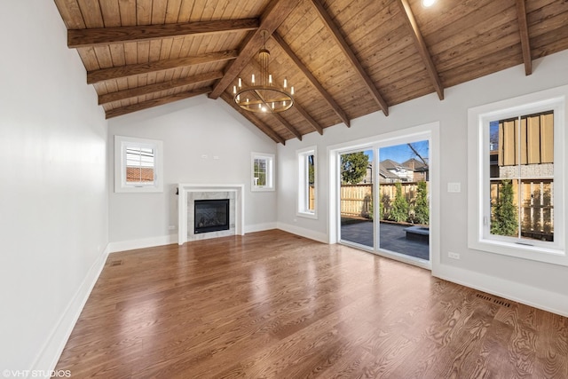 4300 Franklin Ave, Western Springs, IL 60558 - unfurnished living room featuring wood ceiling, a chandelier, wood finished floors, a premium fireplace, and baseboards