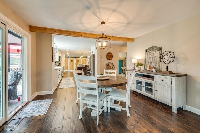 7500 US Highway 34, Oswego, IL 60543 - dining area with beam ceiling, dark wood-style flooring, baseboards, and a chandelier
