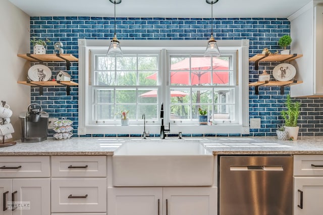 7500 US Highway 34, Oswego, IL 60543 - bar featuring stainless steel dishwasher, a sink, decorative backsplash, and pendant lighting