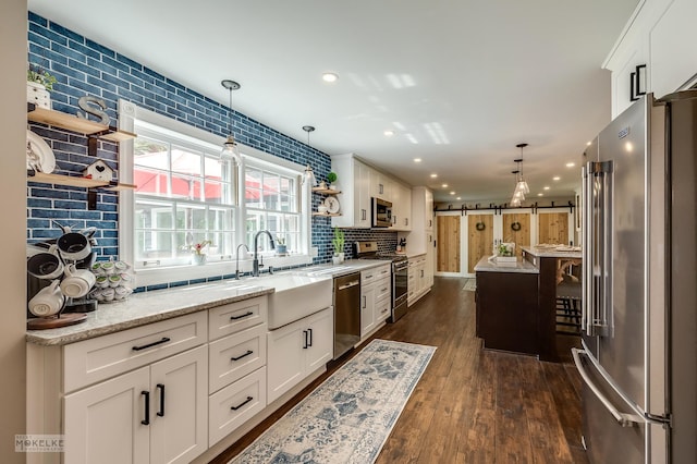 7500 US Highway 34, Oswego, IL 60543 - kitchen featuring stainless steel appliances, open shelves, a sink, recessed lighting, and backsplash