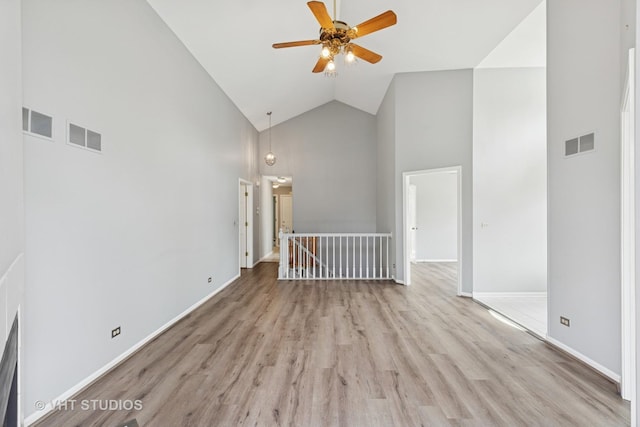 10428 Morningside Ct, Orland Park, IL 60462 - unfurnished room featuring high vaulted ceiling, ceiling fan, wood finished floors, and baseboards