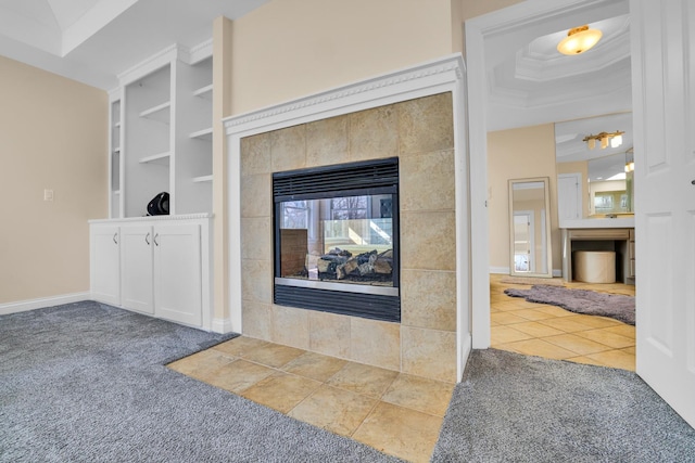 39W027 Dean St, Saint Charles, IL 60175 - detailed view of a tile fireplace, carpet floors, crown molding, and baseboards