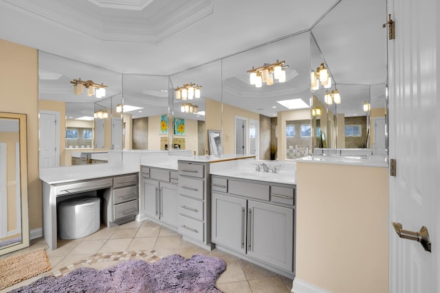 39W027 Dean St, Saint Charles, IL 60175 - bathroom with a raised ceiling, tile patterned flooring, two vanities, and ornamental molding
