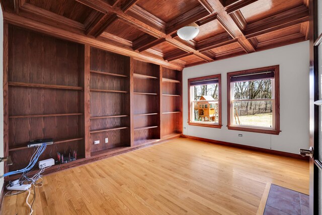 39W027 Dean St, Saint Charles, IL 60175 - unfurnished office with wooden ceiling, light wood-style flooring, built in features, coffered ceiling, and baseboards