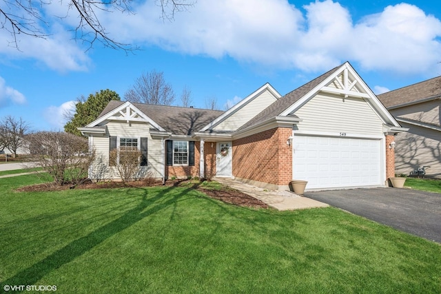 ranch-style house featuring driveway, an attached garage, a front lawn, brick siding, and roof with shingles