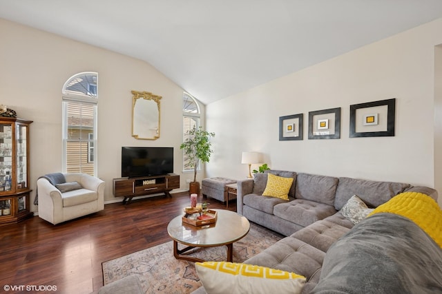living room with dark wood finished floors and lofted ceiling