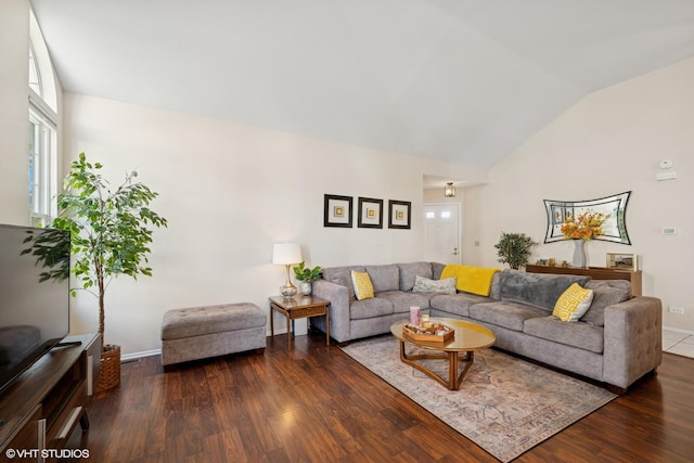 living area featuring wood finished floors, baseboards, and high vaulted ceiling