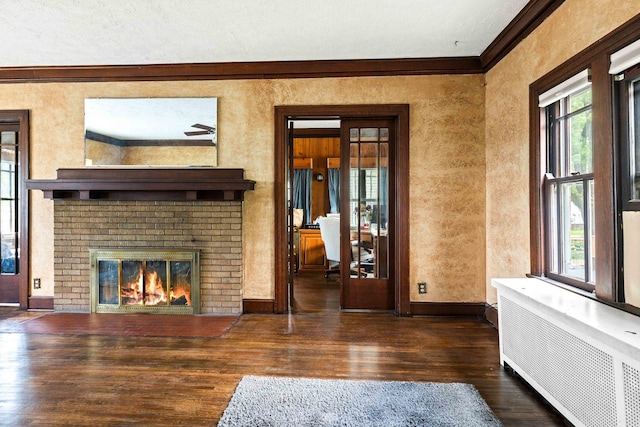 546 Elmwood Ct, El Paso, IL 61738 - unfurnished living room featuring radiator, ornamental molding, wood finished floors, a fireplace, and baseboards