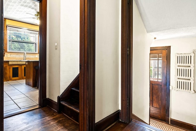 546 Elmwood Ct, El Paso, IL 61738 - corridor with baseboards, dark wood-type flooring, and a sink