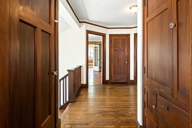 546 Elmwood Ct, El Paso, IL 61738 - hallway with dark wood-style floors, baseboards, and crown molding