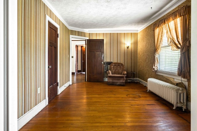 546 Elmwood Ct, El Paso, IL 61738 - sitting room with radiator heating unit, ornamental molding, a textured ceiling, dark wood-type flooring, and baseboards