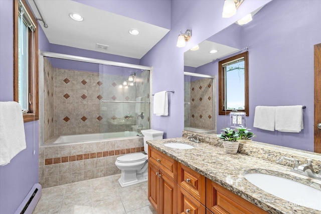 45W251 Ic Trl, Maple Park, IL 60151 - bathroom featuring a baseboard radiator, tile patterned floors, toilet, double vanity, and recessed lighting